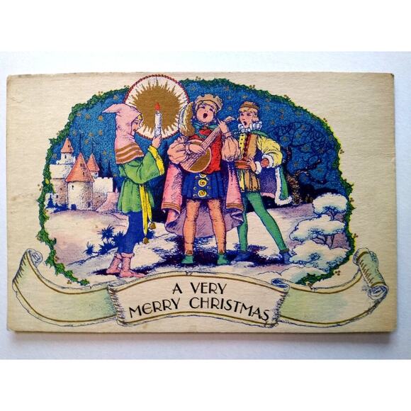 Christmas Early Greeting Card Victorian Men With Guitar Carolers Candle Colorful - Picture 2 of 3